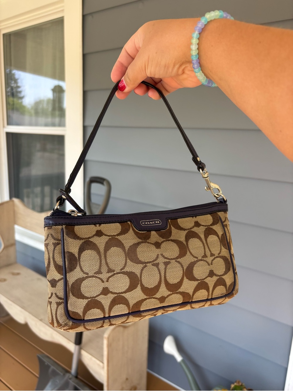 Y2k COACH navy blue Signature Canvas Small Shoulder Bag in Brown